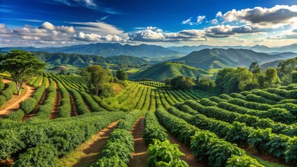Fototapeta premium Rows of green coffee trees stand tall, shading the lush terrain, with towering mountains in the distance, set