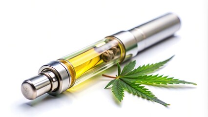 Vape cartridge with cannabis oil distillate and marijuana leafs isolated on white background