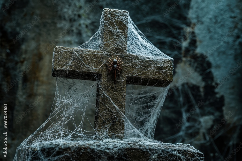 Poster a cross with spider webs on it