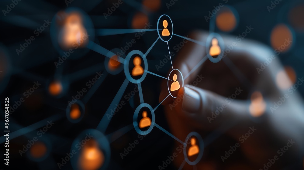 Poster hand interacting with a digital network of connections representing relationships and social interac