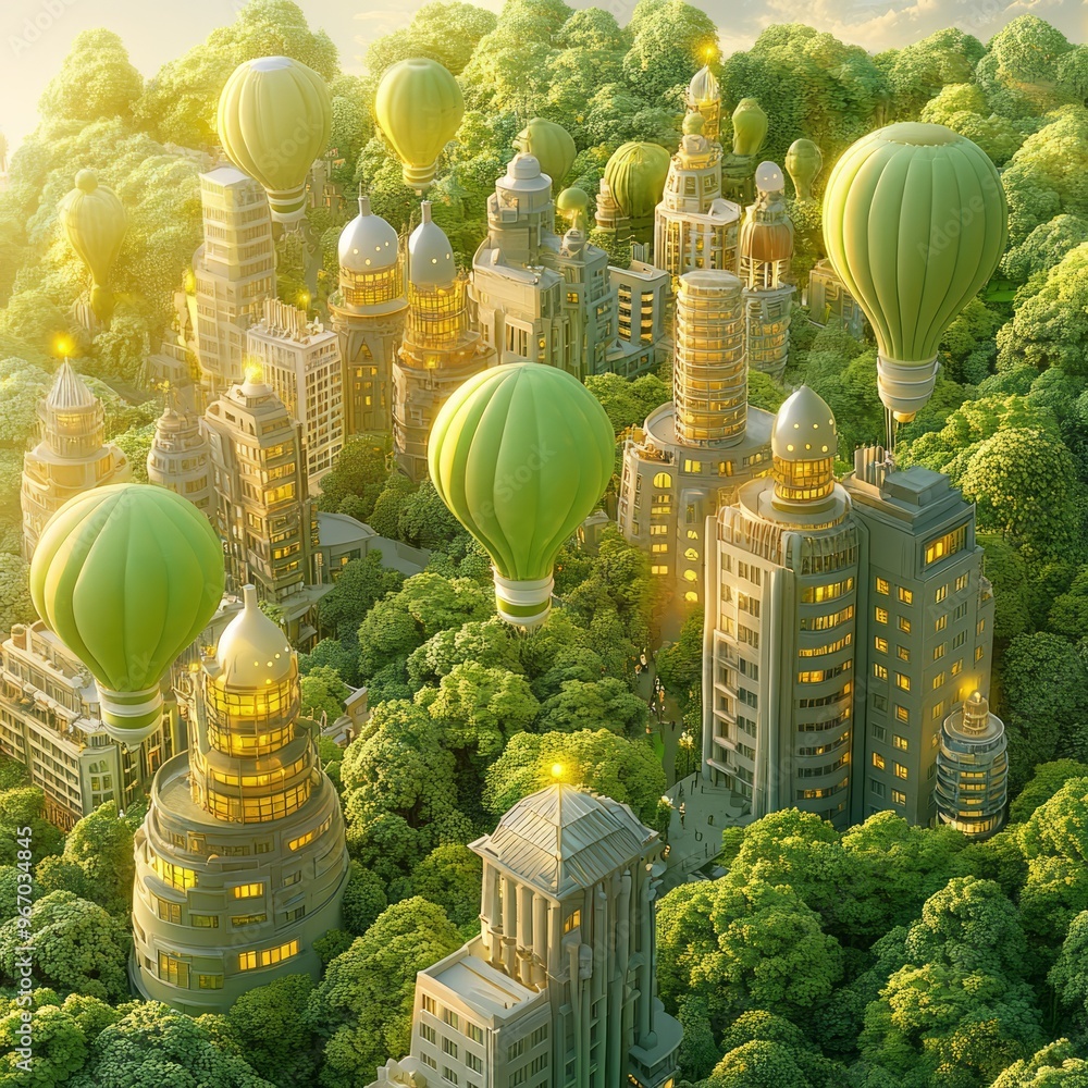 Poster A futuristic city nestled within a lush forest, with several hot air balloons floating above.