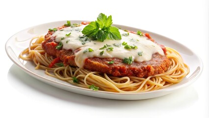 Veal parmigiana on white platter isolated on white background, viewed from below