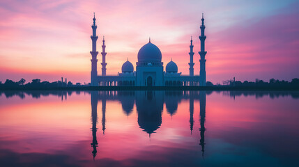 Fototapeta premium Mosque silhouette with reflection on water