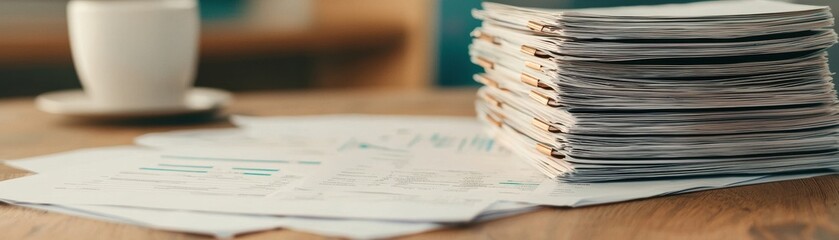 A cozy workspace featuring stacked documents and a coffee cup, ideal for showcasing productivity and organization.