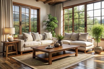 Rustic coffee table near white fabric sofa against window Japandi style home interior design of modern living room