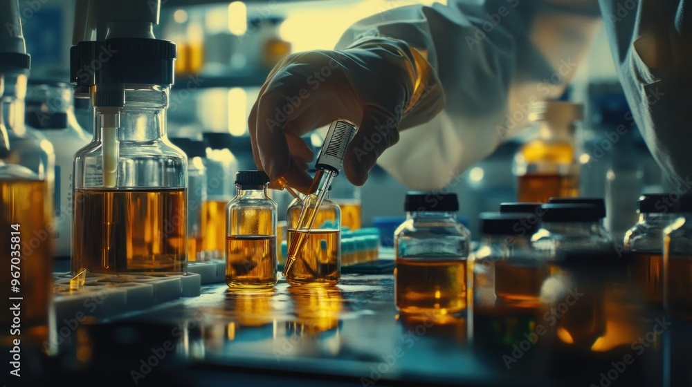 Poster scientist using pipette to transfer liquid from bottle to smaller vial