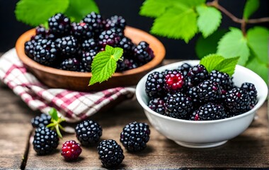Blackberries in bowls surrounded by green levees on the table. Healthy food. Health and wellness concept.	