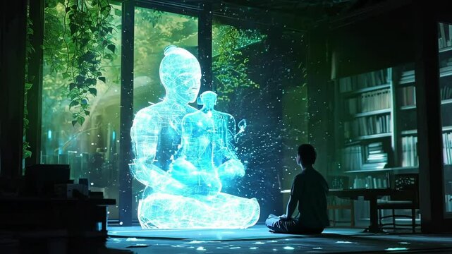 Man is meditating in his futuristic home with a holographic projection of buddha in front of him, creating a serene and spiritual atmosphere