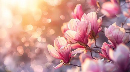 Fototapeta premium Blooming magnolia tree in spring on pastel bokeh blue sky and pink background, wide composition, internet springtime banner