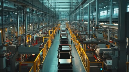 Fototapeta premium Cars Moving Through an Automated Assembly Line in a Factory