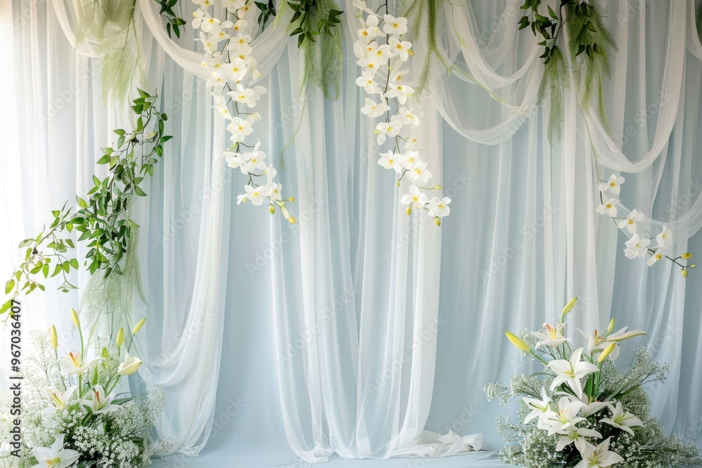 Poster Scandinavian Minimalist style misty blue studio backdrop with a matte finish, soft white curtains with delicate draping, complemented by clusters of pale yellow lilies and trailing greenery 