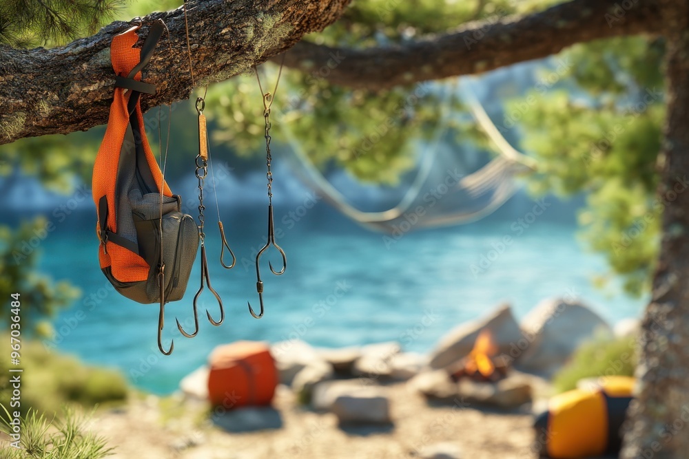 Poster a backpack hangs from a tree branch with fishing hooks attached to it