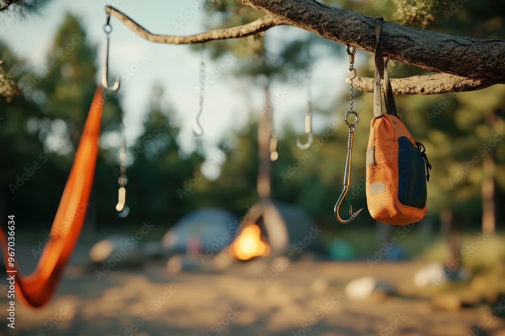 Poster a backpack hangs from a tree branch with fishing hooks attached to it