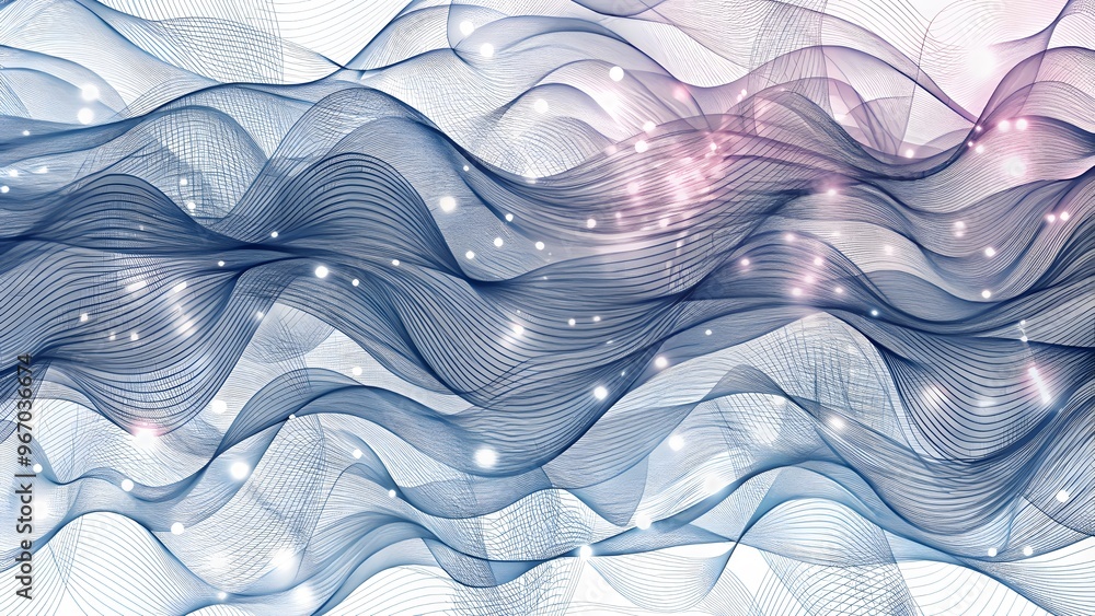 Poster wave line of flowing particles abstract background, smooth curvy shape dots fluid array. 3d shape do