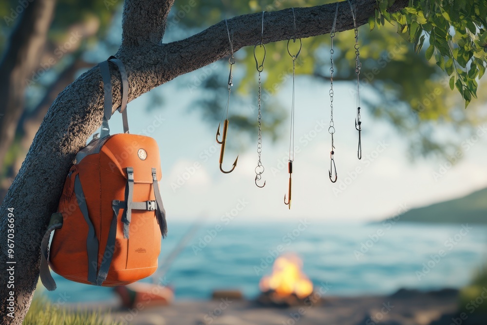 Poster a backpack hangs from a tree branch with fishing hooks attached to it