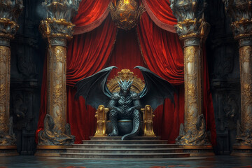 Fototapeta premium Majestic black dragon king sits on ornate throne placed in an opulent throne room.