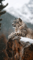 Fototapeta premium Snow leopard resting on a rocky ledge
