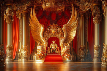 Fototapeta premium King wearing his golden armor sits on a grand ornate throne placed in an opulent throne room.