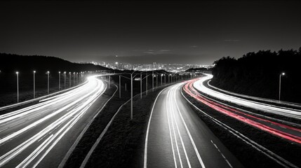 Obraz premium Generative AI, A long-exposure night shot of a highway with light trails from speeding cars, framed by a dark landscape and city lights in the distance