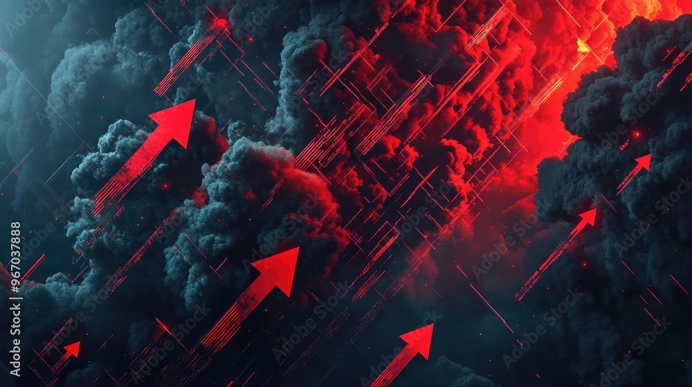 Aufkleber Dynamic abstract background featuring dark clouds and striking red arrows, evoking energy and movement in a dramatic design.