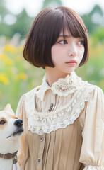A woman wearing girly clothes and a Shiba Inu in the park generated by AI