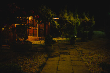 the atmosphere of the cafe courtyard at night