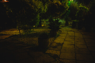 the atmosphere of the cafe courtyard at night
