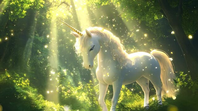 Majestic unicorn standing in sunlit enchanted forest with shimmering light and magical atmosphere.