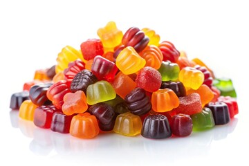 Vibrant multivitamin gummies on white background, emphasizing wide-angle perspective