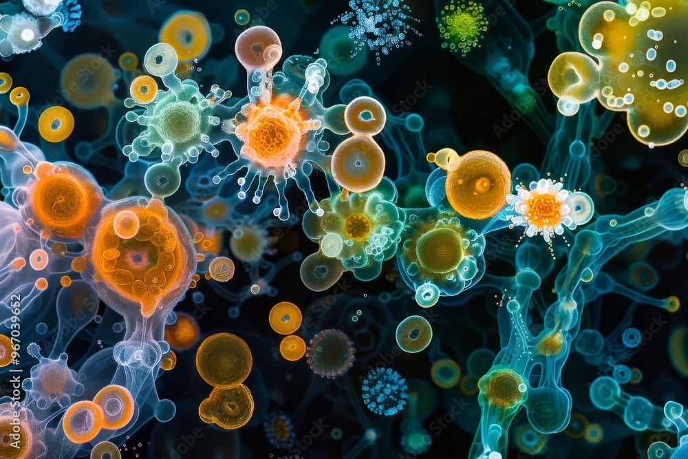 Poster soil bacteria colonies: a high-resolution image of bacterial colonies growing on soil particles, hig