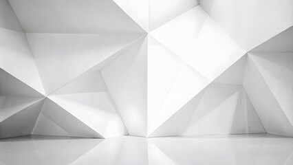 Obraz premium White abstract geometric background as a stage with crossed lines, corners, and polygon shapes as a wall, the wood table in soft light gradient white color in calm contemporary minimalist urban style.