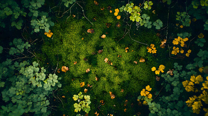 bird's-eye view of a thick moss layer on the forest ground, with the natural texture of the moss blending with fallen leaves and branches