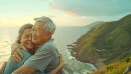 Golden Years Bliss: Asian Senior Couple Embracing on Cliff at Sunset During Summer Vacation