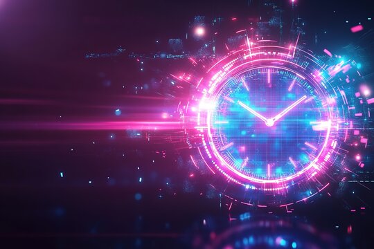 Neon clock hologram with futuristic glow in darkness