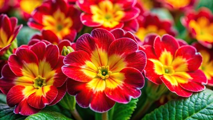 Vibrant red and yellow primrose flowers macro closeup