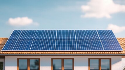 Naklejka premium Modern solar panels installed on a house roof, showcasing renewable energy and sustainable living under a clear blue sky.