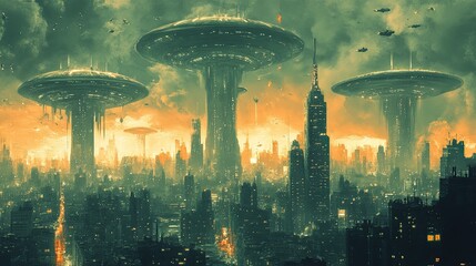 28. A vintage sci-fi illustration of an alien invasion, with towering alien ships and a chaotic cityscape, rendered in a stylized, retro aesthetic