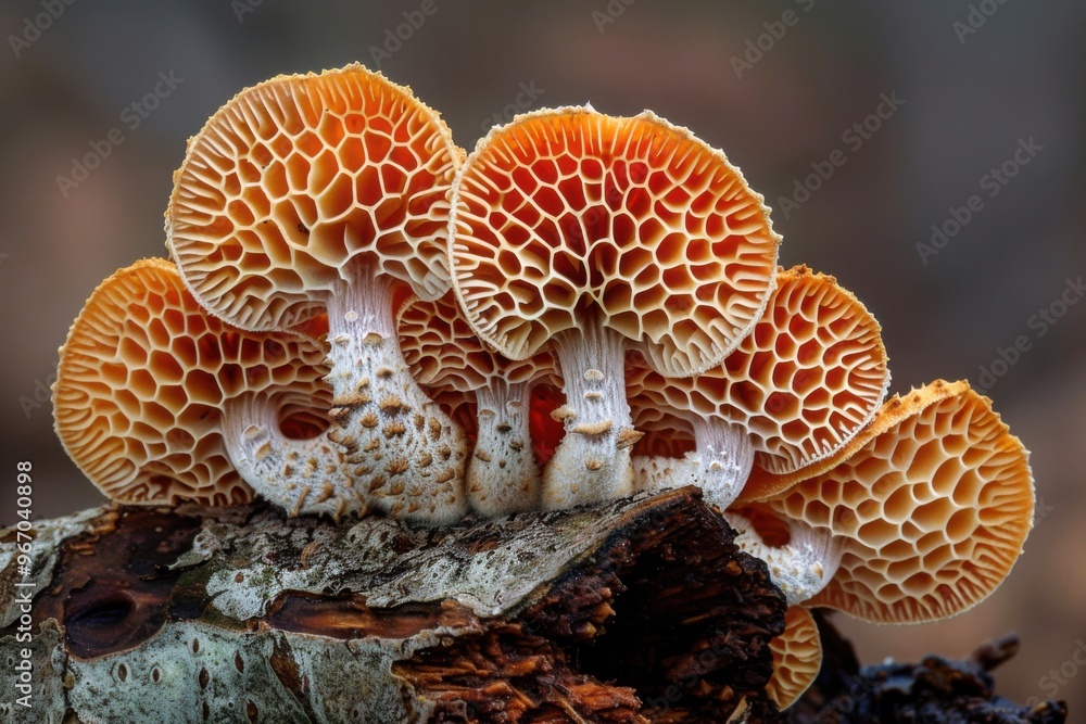 Poster spore-bearing structures: an image of fungi with visible spore-bearing structures like sporangia or 