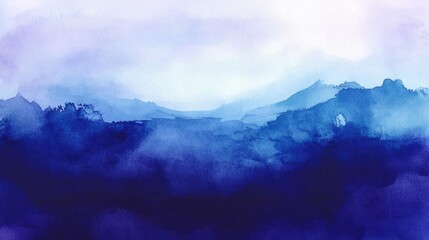 A serene watercolor landscape featuring soft blue hues and misty mountains, perfect for calming and tranquil designs.