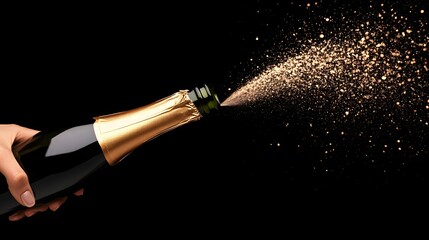 People jubilantly opening a champagne bottle, with the cork flying and the bubbly liquid spraying in a joyous burst. Perfect for celebrating special occasions, parties, and festivities.