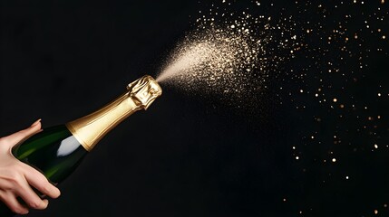 People jubilantly opening a champagne bottle, with the cork flying and the bubbly liquid spraying in a joyous burst. Perfect for celebrating special occasions, parties, and festivities.