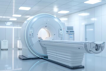 Modern MRI scanner in a clean, white medical facility. Advanced imaging technology in a clinical environment. Healthcare equipment.