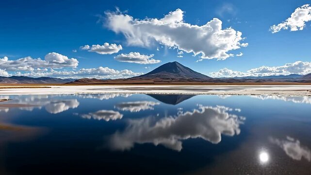 A large mountain is reflected in the water of a lake. The sky is clear and blue, with a few clouds scattered throughout. The scene is peaceful and serene, with the mountain