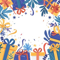 Festive illustration of colorful gift boxes with ribbons and decorations forming a border on a white background.