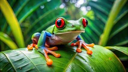 Fototapeta premium Vibrant red-eyed tree frog in lush tropical rainforest environment