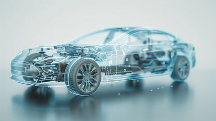 A line art 3D illustration displays a modern electric car chassis x-ray, revealing the vehicle battery in a studio environment.