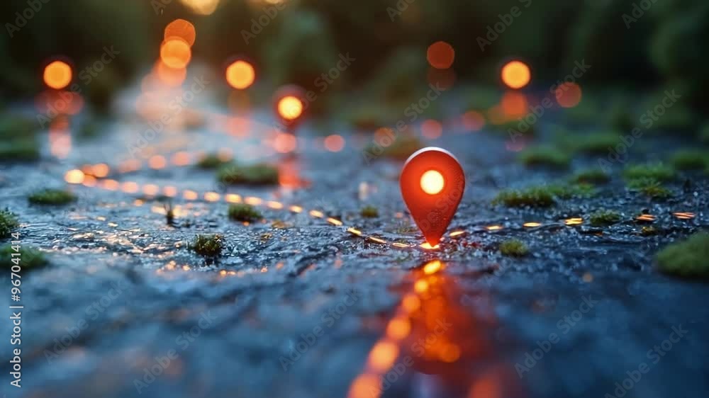 Poster glowing location pin marks the current position on a path of lights, symbolizing financial growth an