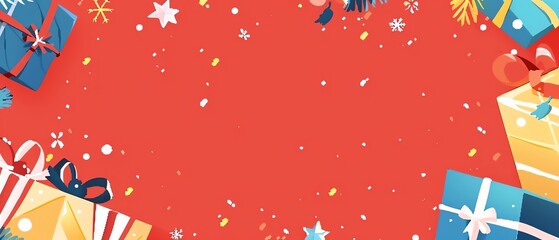 Fototapeta premium Festive Christmas gifts illustration on red background with snowflakes and decorative elements, perfect for holiday greetings.