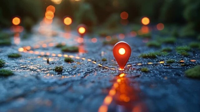 Glowing location pin marks the current position on a path of lights, symbolizing financial growth and progress over time