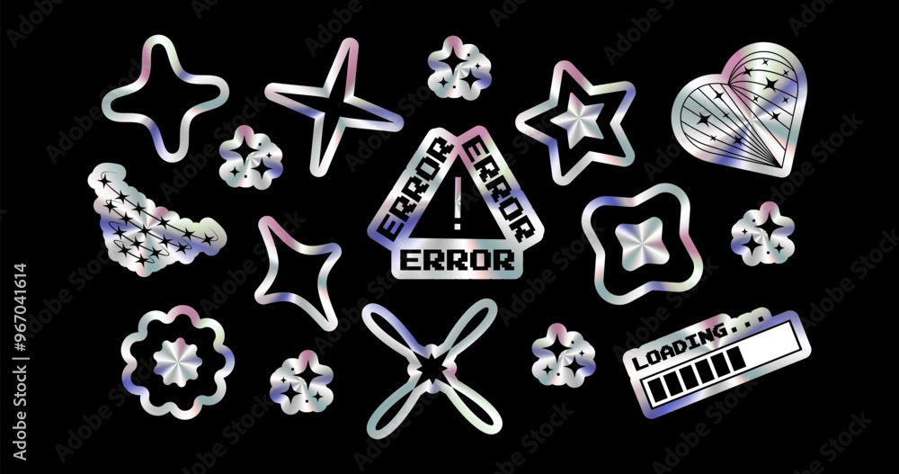 Poster set of stickers with metallic effect in y2k style. error, loading, stars. vector design elements for
